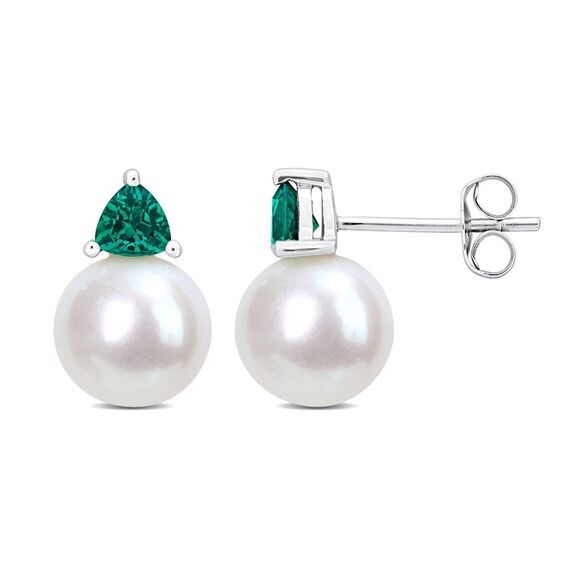 8-8.5 mm Cultured Freshwater Pearl Earrings with Lab-Created Emeralds 10K Gold